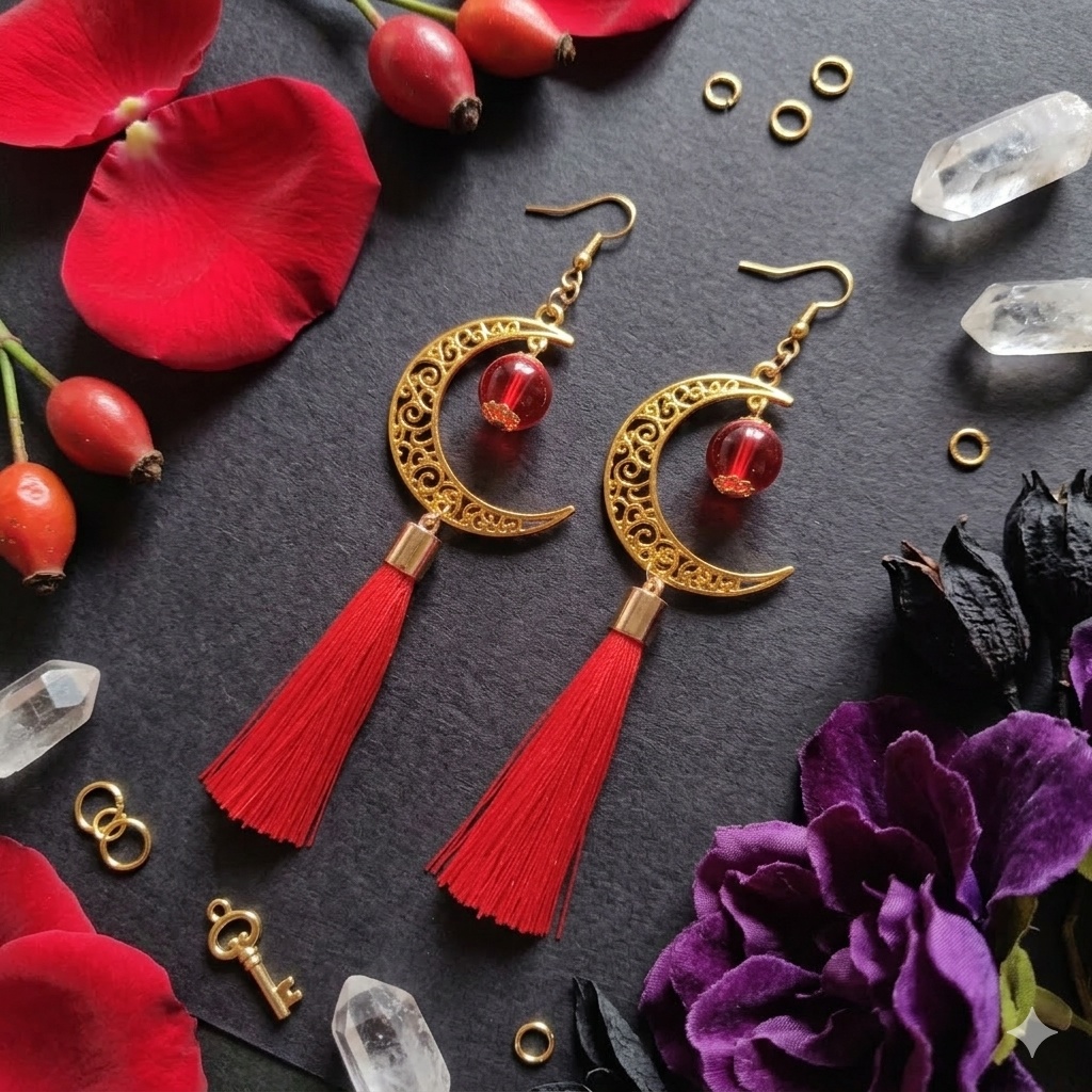 【和風】三日月とタッセルのピアス(イヤリング)(赤)【チャイナ】【中華風】【推し活】【推し色】