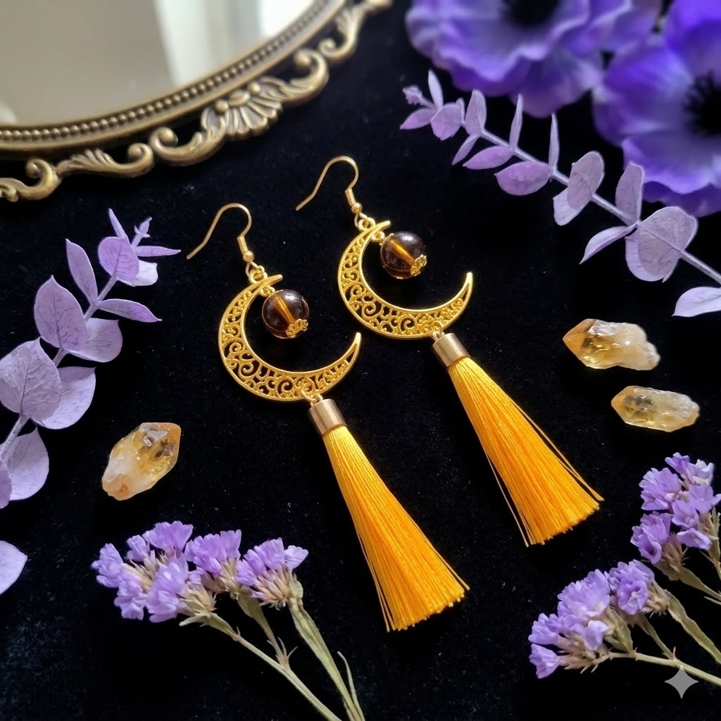 【和風】三日月とタッセルのピアス(イヤリング)(黄色)【中華風】【チャイナ】【着物】【袴】