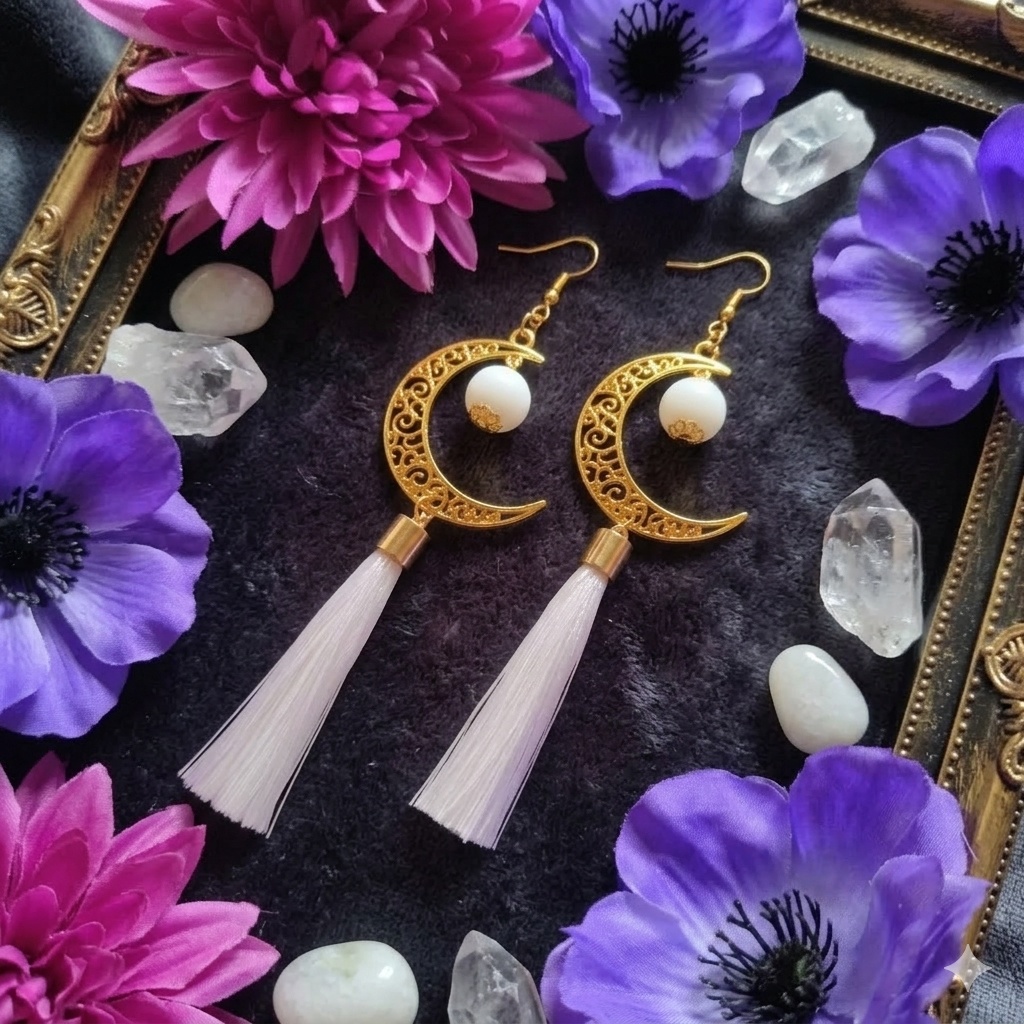 【和風】三日月とタッセルよピアス(イヤリング)(白)【チャイナ 【中華風】【推し活】【推し色】】