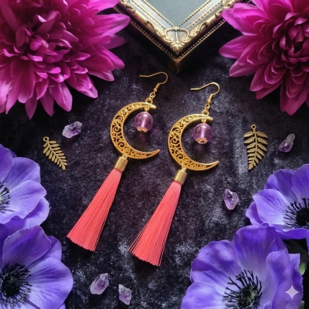 【和風】三日月とタッセルのピアス(イヤリング)(ピンク)【チャイナ】【中華風】【着物】【袴】