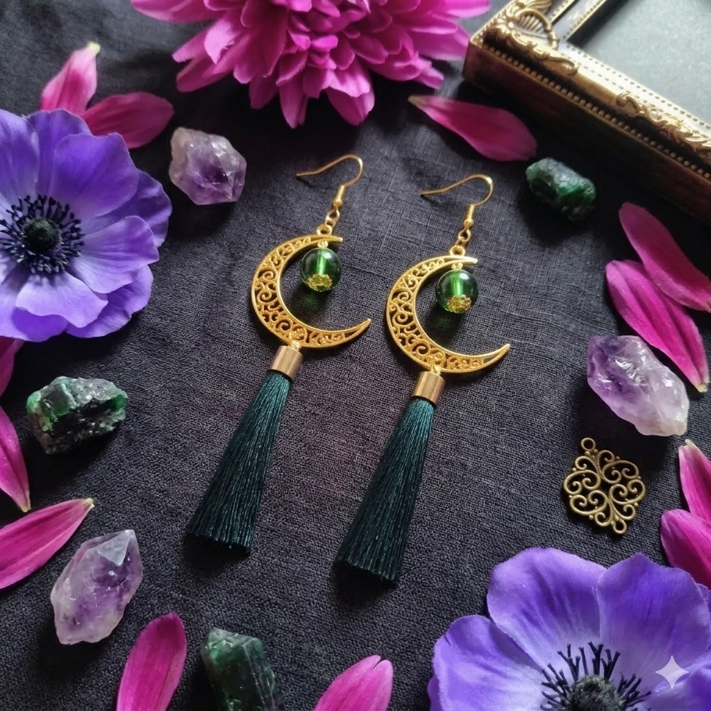 【和風】三日月とタッセルのピアス(イヤリング)(深緑)【着物】【袴】【推し活】【中華風】【チャイナ】