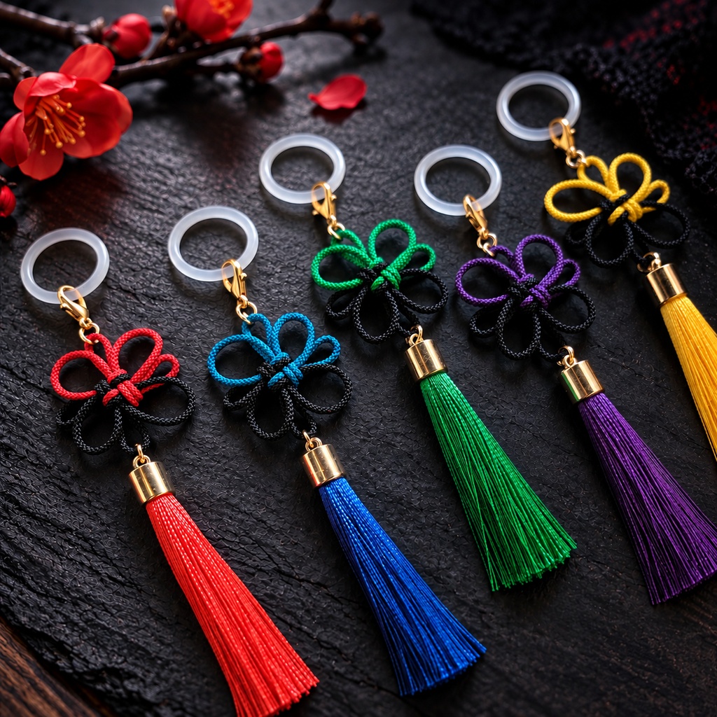 【色オーダー可】【バイカラー】吉祥結びとタッセルのめじるしアクセサリー(チャーム)和風 チャイナ 中華風 推し活 推し色 着物 和装 キーホルダー ストラップ