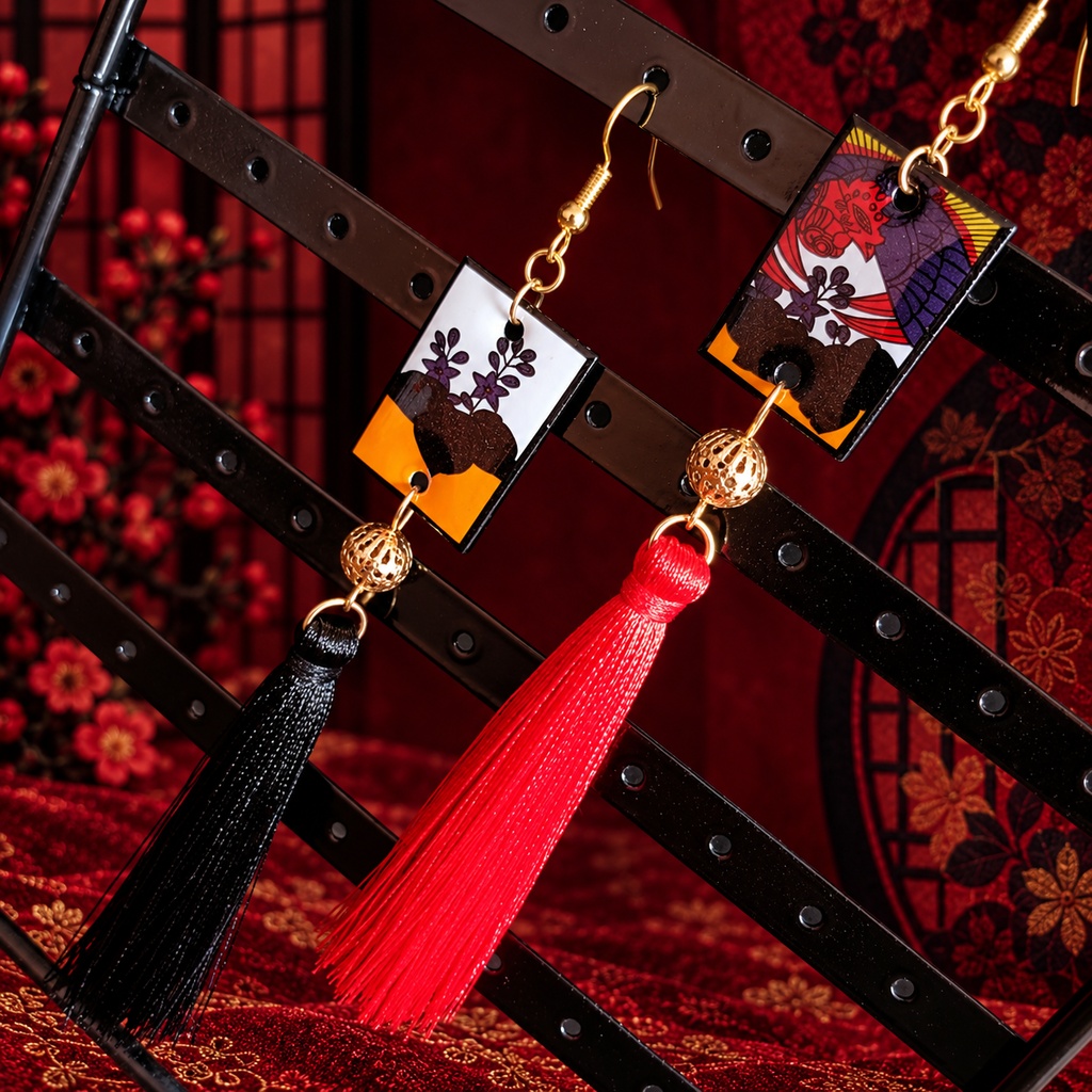 花札＆タッセルピアス（イヤリング）（赤黒）（桐に鳳凰）【和風】【着物】【袴】【和ロリ】【浴衣】【和風イヤリング】【和風ピアス】