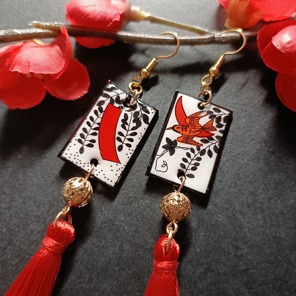 花札&タッセルピアス(イヤリング)(藤に不如帰)(赤黒)和風 着物 袴 浴衣 和装 和風イヤリング和風ピアス