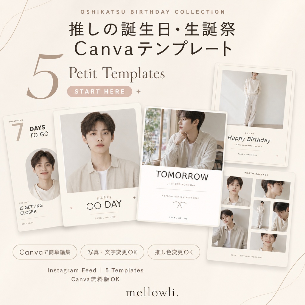 【OPEN SALE ¥600】【Canvaで簡単編集】推しの誕生日・生誕祭 Petit 5｜推し活・センイルテンプレート5点セット