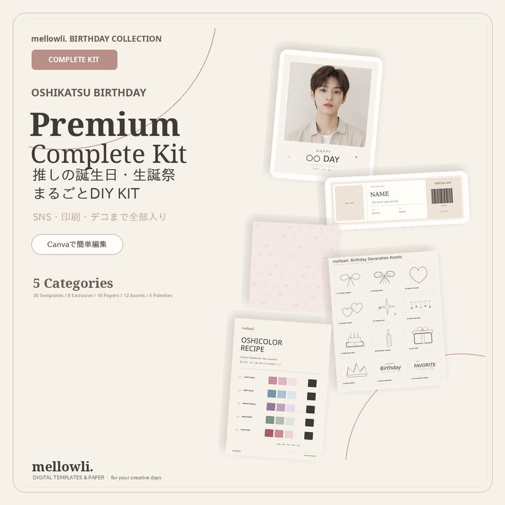 【OPEN SALE ¥2,500】【Canvaで簡単編集】推しの誕生日・生誕祭 Premium Complete Kit｜推し活・センイル全部入りセット