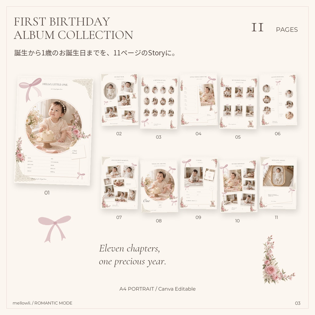 【OPEN SALE ¥1,500】【Canvaで簡単編集】OSHICOLOR FIRST BIRTHDAY|ROMANTIC MODE|1歳誕生日・成長アルバム&選び取りカード
