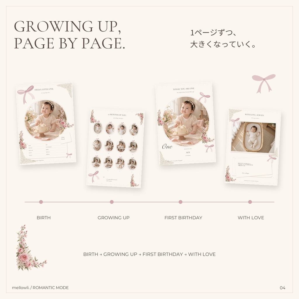 【OPEN SALE ¥1,500】【Canvaで簡単編集】OSHICOLOR FIRST BIRTHDAY|ROMANTIC MODE|1歳誕生日・成長アルバム&選び取りカード