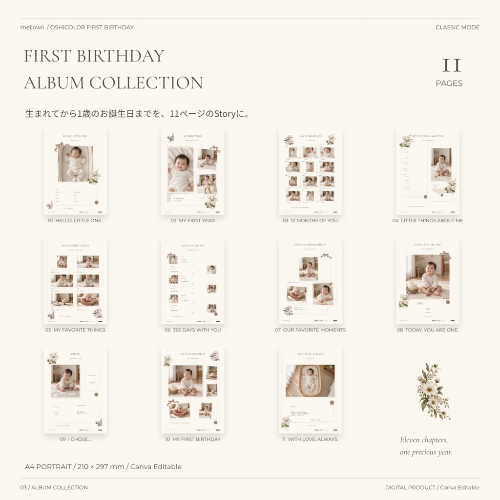 【OPEN SALE ¥1,500】【Canvaで簡単編集】OSHICOLOR FIRST BIRTHDAY|CLASSIC MODE|1歳誕生日・成長アルバム&選び取りカード
