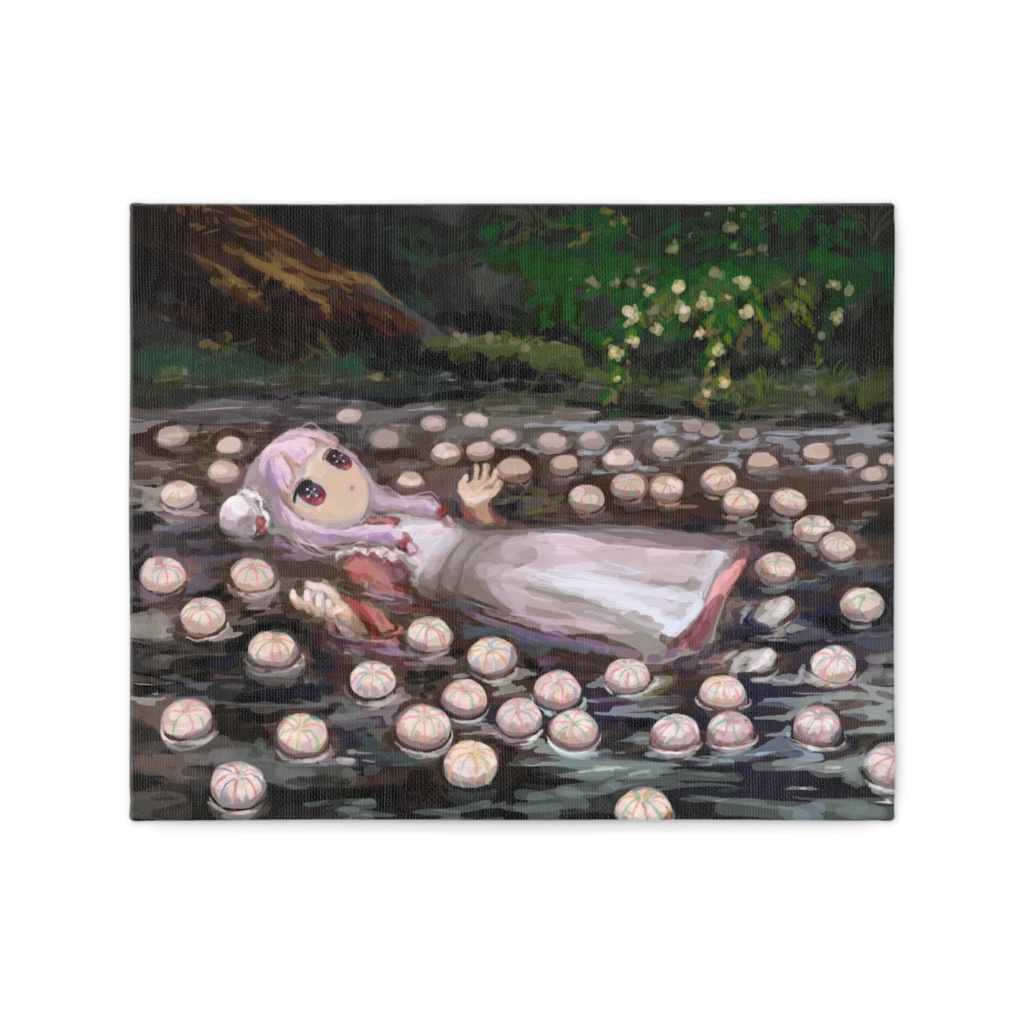 水面に浮かぶ毬麩とモルヒネ（キャンバス）