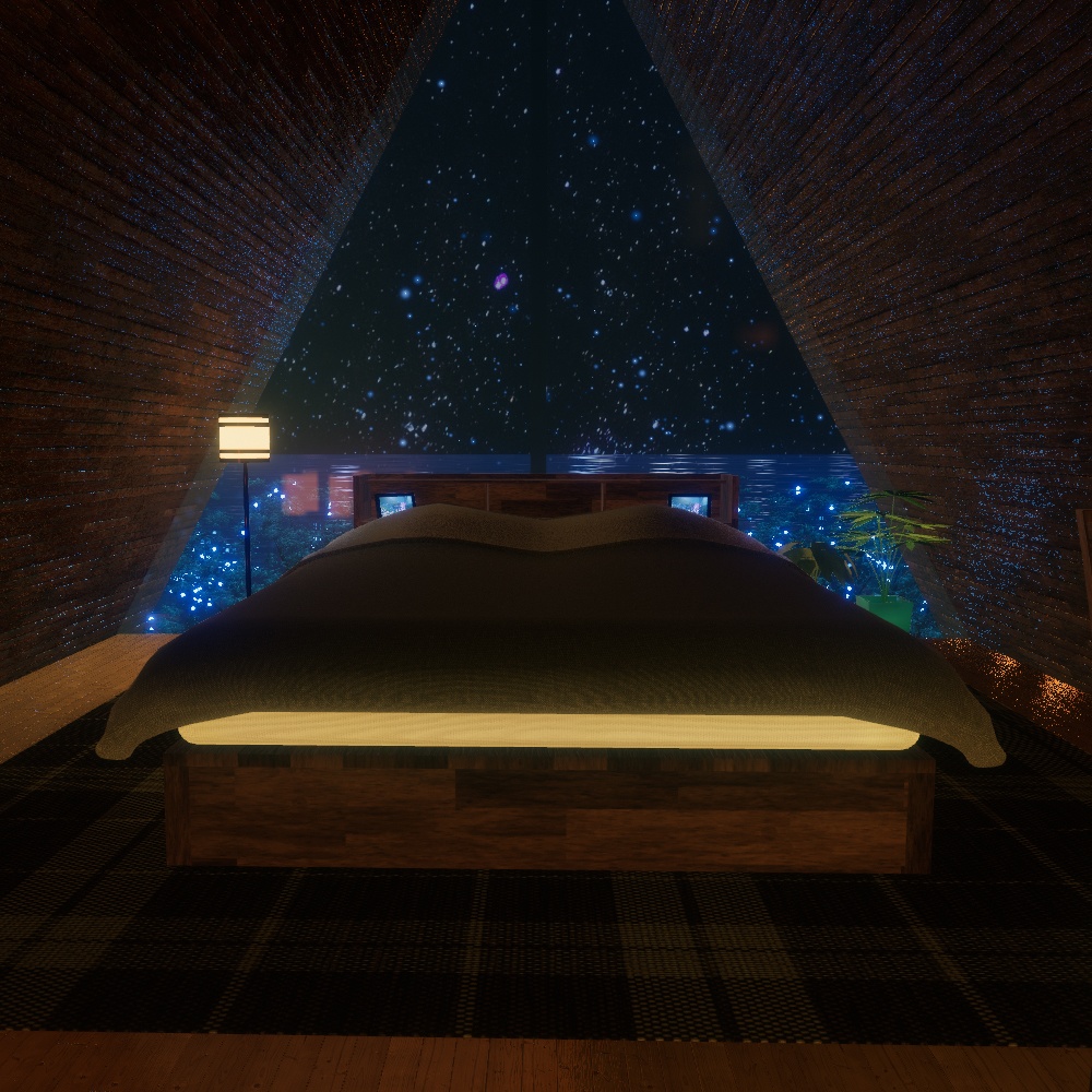 【VRChatワールドデータ販売】MyLittleRoom(202302) 蒼の湖に浮かぶ三角屋根コテージ