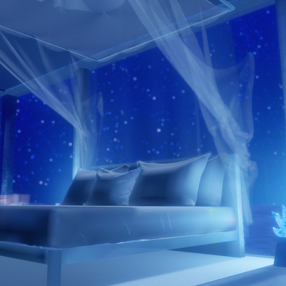 【VRChatワールドデータ販売】MyLittleRoom(202307) 銀のピアノとガラス張りコテージ