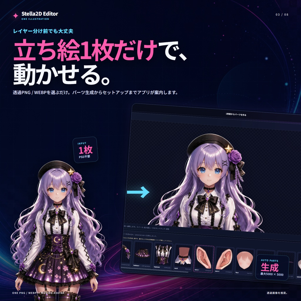 Stella 2D Editor - 立ち絵1枚からVTuberアバターを作成、パーツ分け作業不要、簡単揺れ物設定