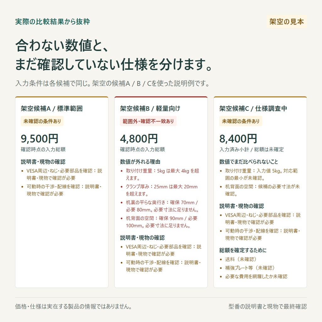 【無料】モニターアームの買う前チェック|3候補比較・送料と付属品込み・保存対応
