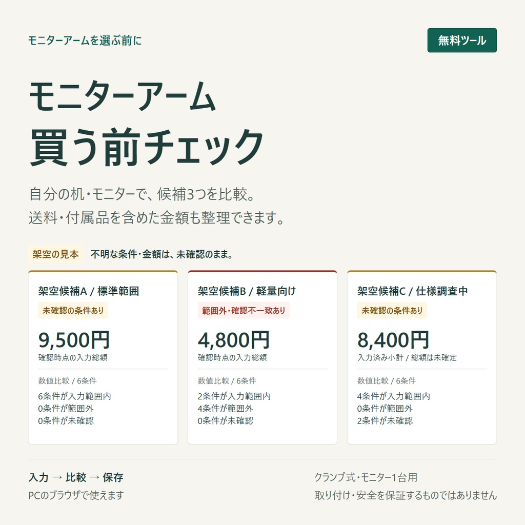 【無料】モニターアームの買う前チェック｜3候補比較・送料と付属品込み・保存対応