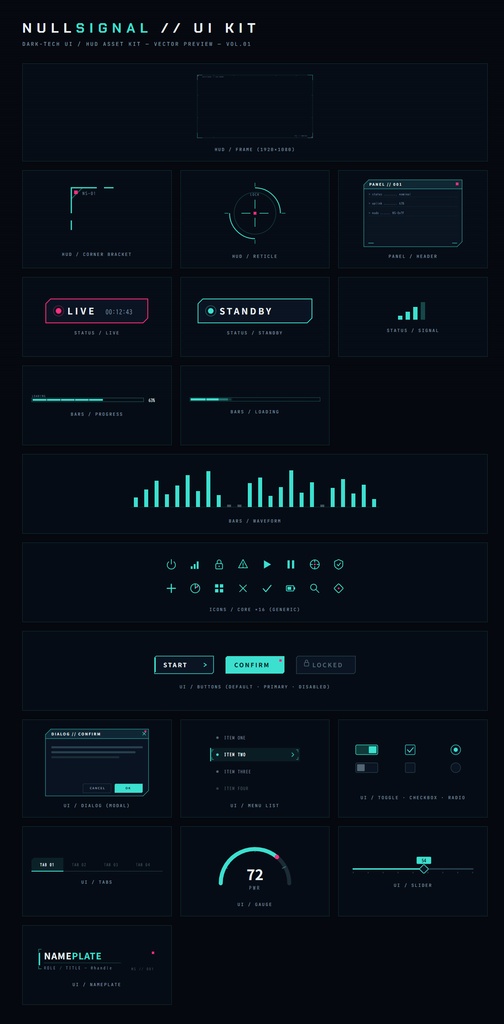 【7色展開】ダークテックUI/HUD素材キット NULLSIGNAL(ゲーム/配信/アプリ・SVG+PNG・商用可)