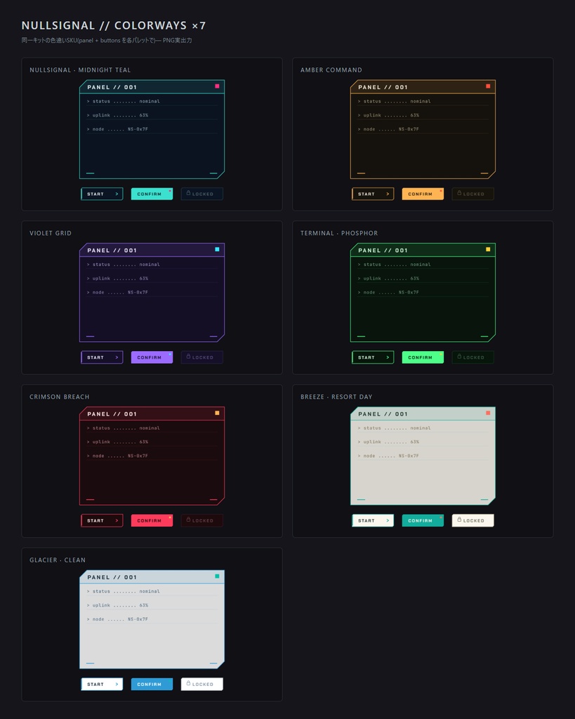 【7色展開】ダークテックUI/HUD素材キット NULLSIGNAL(ゲーム/配信/アプリ・SVG+PNG・商用可)