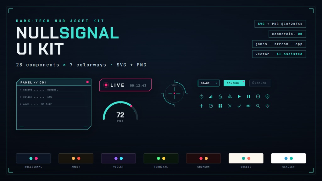 【7色展開】ダークテックUI/HUD素材キット NULLSIGNAL(ゲーム/配信/アプリ・SVG+PNG・商用可)