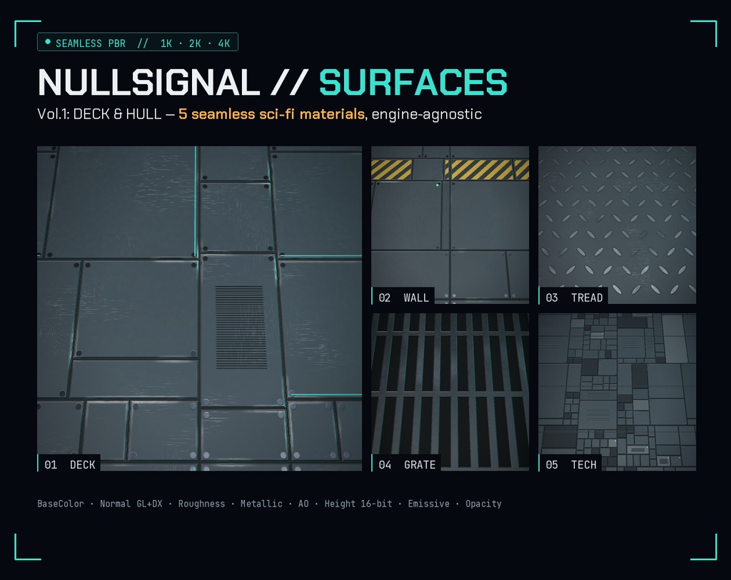 【継ぎ目なし・4K】Sci-Fi PBRテクスチャ SURFACES Vol.1(5素材/Unity・Godot・Unreal・Blender・VRChat・商用可)