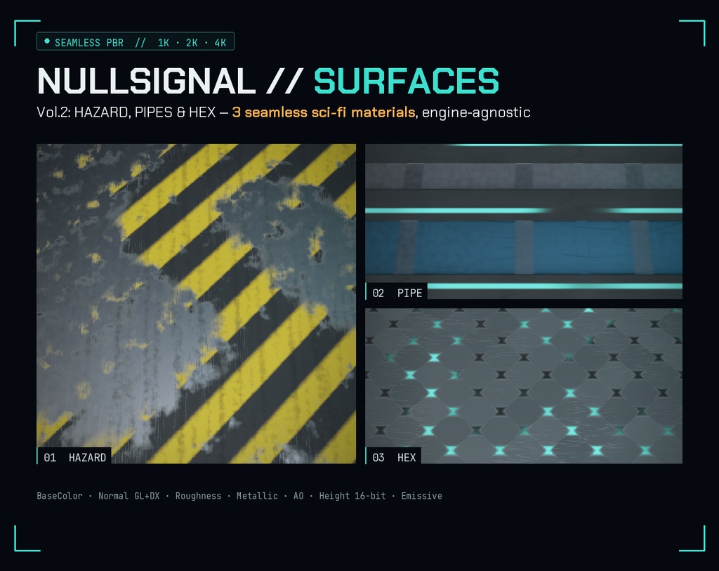 【継ぎ目なし・4K】Sci-Fi PBRテクスチャ SURFACES Vol.2 ハザード縞・配管・六角(3素材/Unity・Godot・Unreal・Blender・VRChat・商用可)