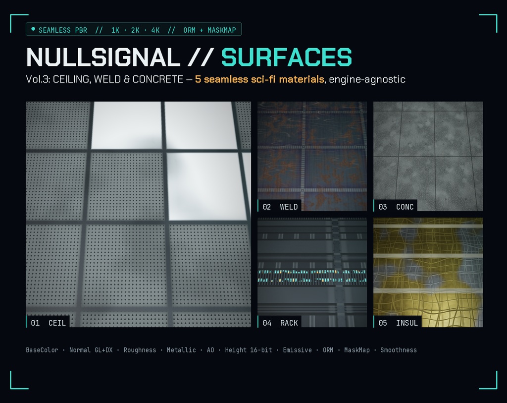 【継ぎ目なし・4K】Sci-Fi PBRテクスチャ SURFACES Vol.3 天井・溶接・コンクリート(5素材/Unity・Godot・Unreal・Blender・VRChat・商用可)
