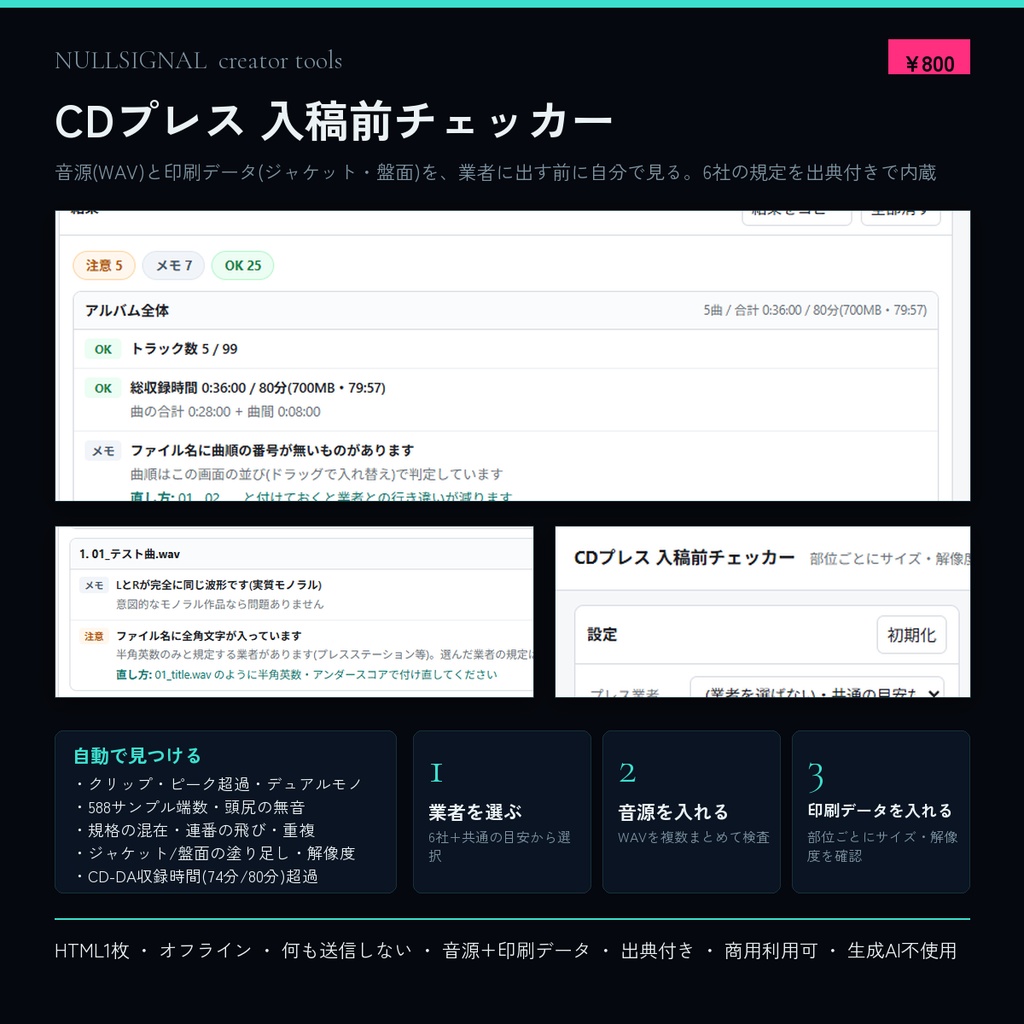 CDプレス 入稿前チェッカー｜音源(WAV)と印刷データを出す前に自分で見る【HTML1枚・オフライン】
