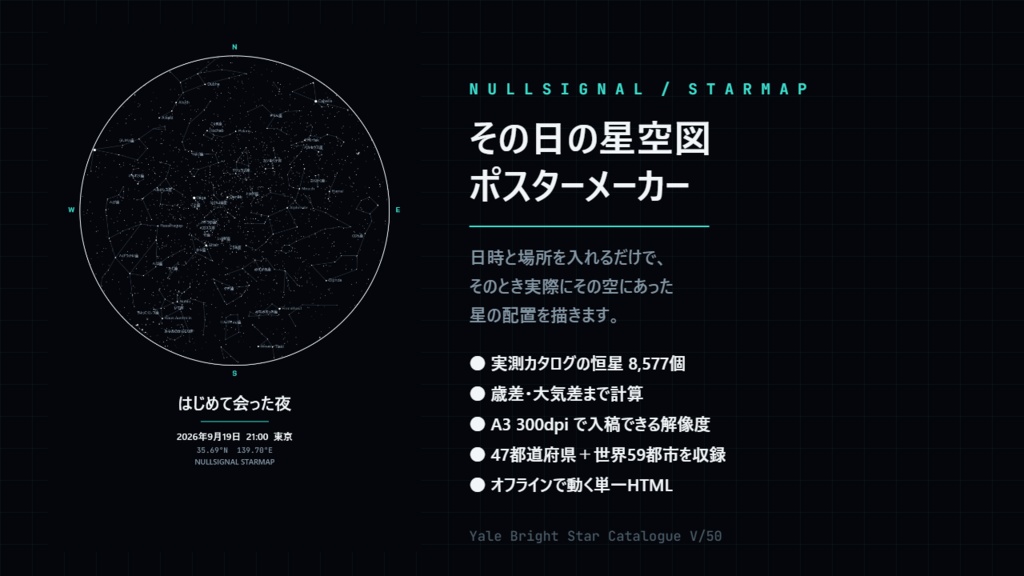 その日の星空図 ポスターメーカー|生まれた日・記念日の夜空を実測カタログから描いてA3・300dpiで書き出すオフラインHTML【恒星8577個・47都道府県収録】