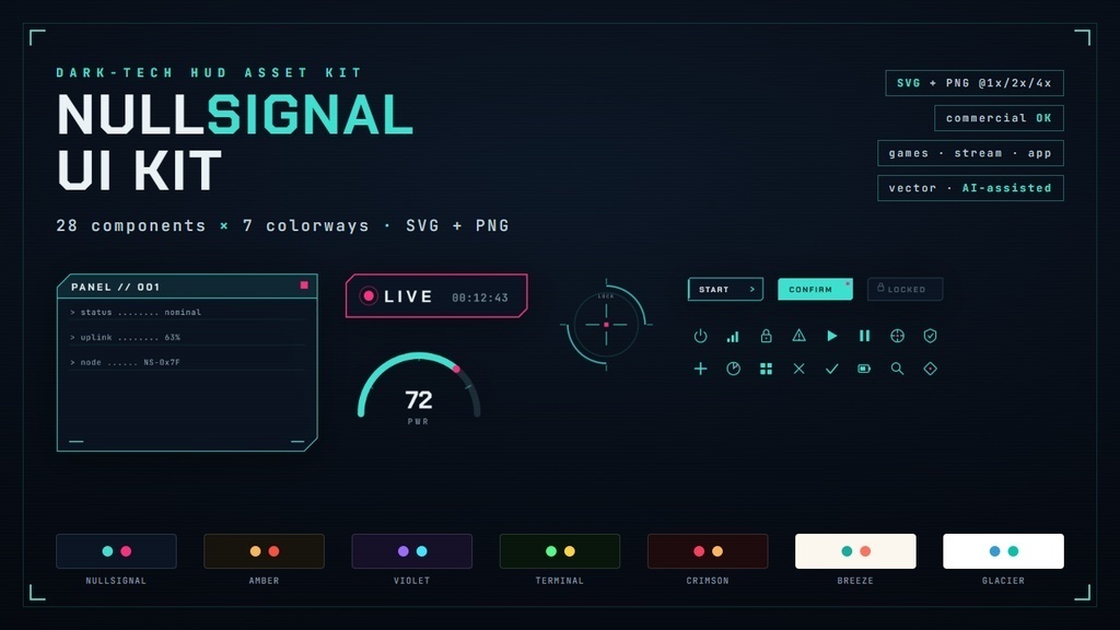 【7色展開】ダークテックUI/HUD素材キット NULLSIGNAL(ゲーム/配信/アプリ・SVG+PNG・商用可)