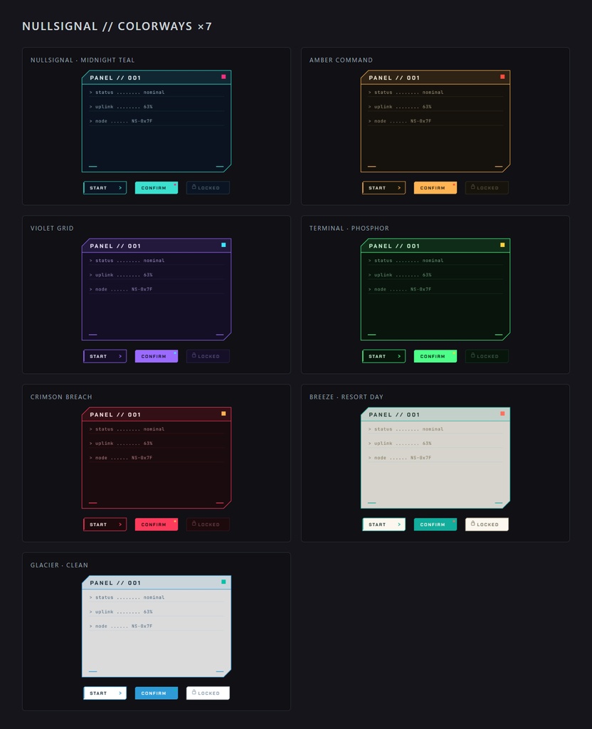【7色展開】ダークテックUI/HUD素材キット NULLSIGNAL(ゲーム/配信/アプリ・SVG+PNG・商用可)
