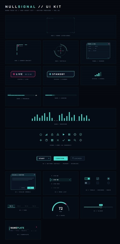 【7色展開】ダークテックUI/HUD素材キット NULLSIGNAL(ゲーム/配信/アプリ・SVG+PNG・商用可)
