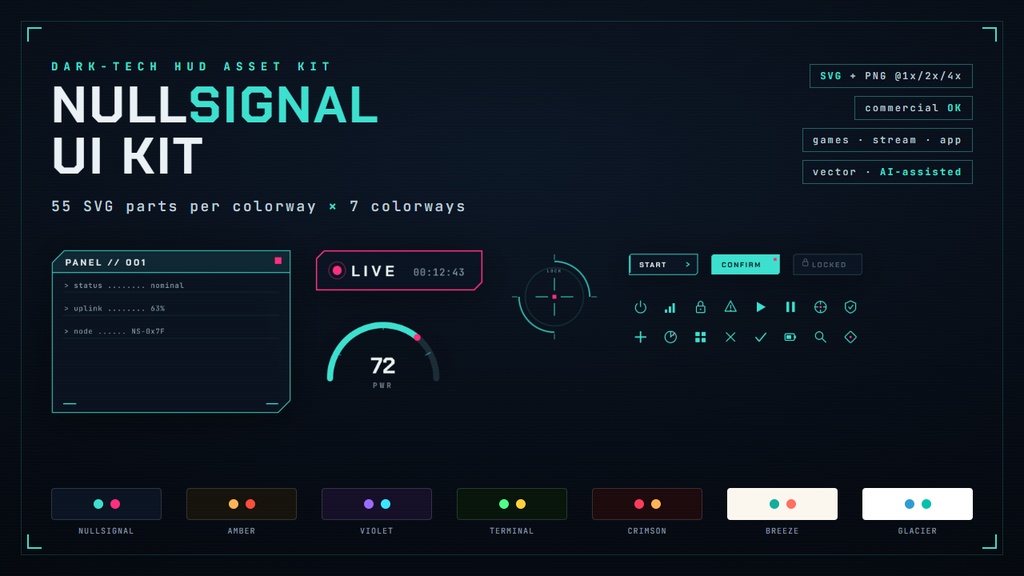 【7色展開】ダークテックUI/HUD素材キット NULLSIGNAL(ゲーム/配信/アプリ・SVG+PNG・商用可)
