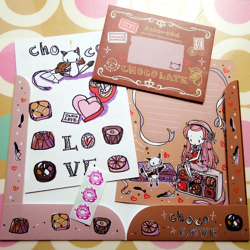 レターセット『Choco LOVE』【A5便箋×2柄 メモ 封筒 シール ホルダー】