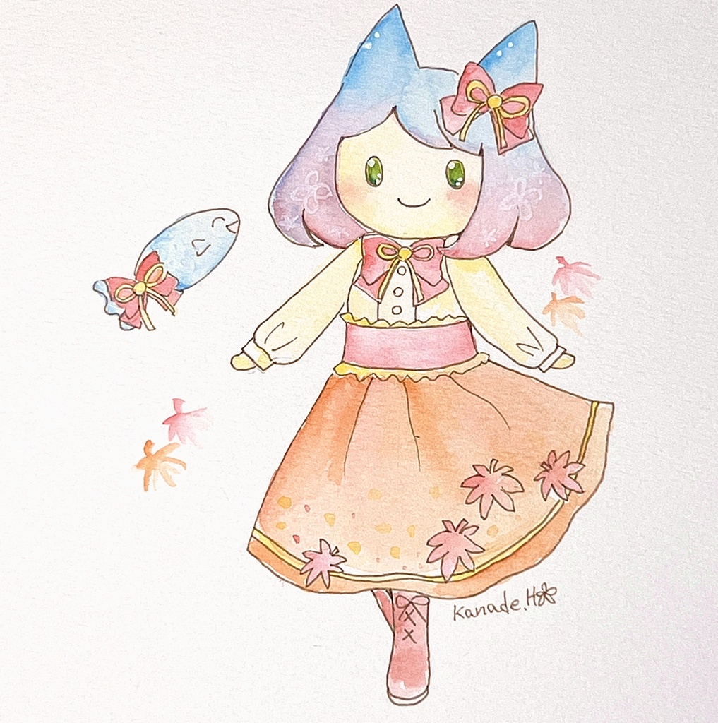 【額入り原画】紅葉の季節/りんとおさかなさん