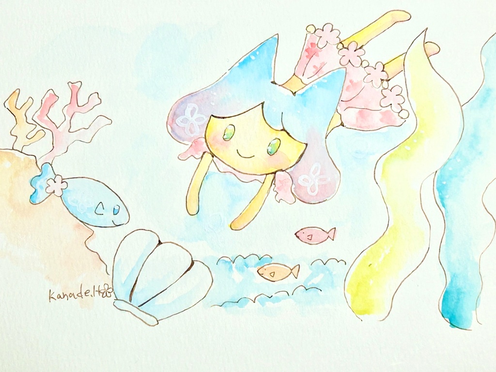 【額入り原画】およぐふたり/りんとおさかなさん