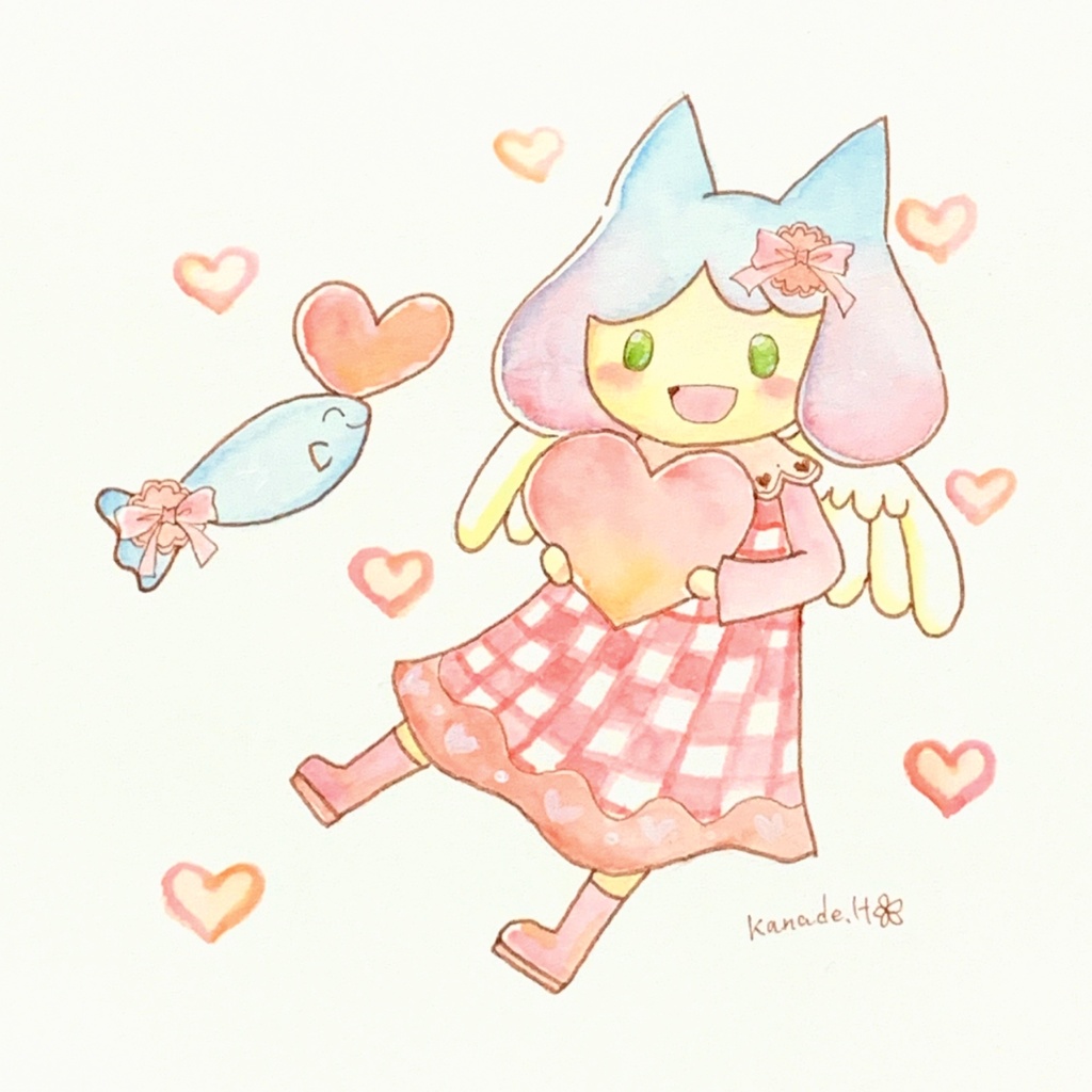 【額入り原画】ハートいっぱい！/りんとおさかなさん