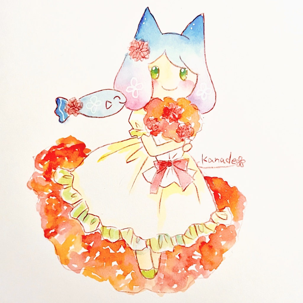 【額入り原画】ダリアの花束-りんとウィッシュ