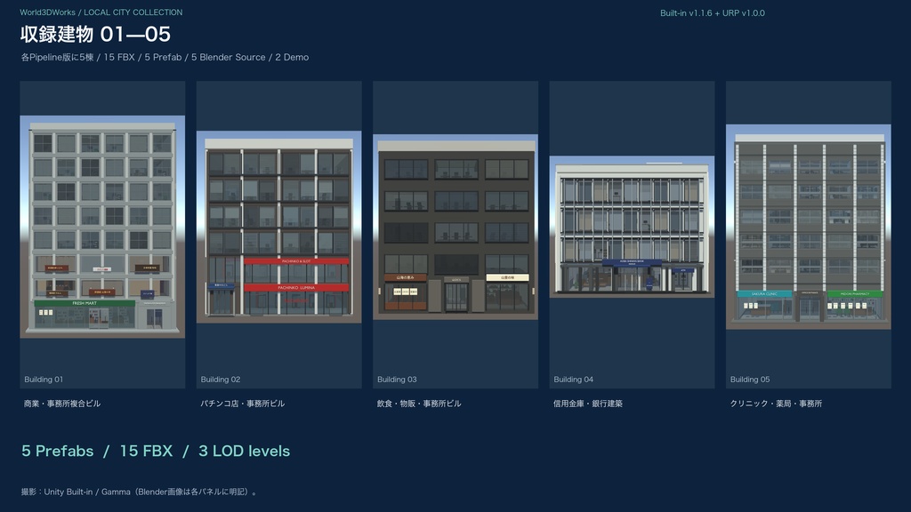 World3DWorks 日本の地方都市 建物セット Vol.1 / Japanese Local City Building Set Vol.1【Blender / Unity Built-in + URP / FBX】