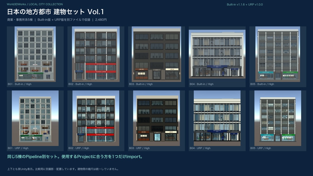 World3DWorks 日本の地方都市 建物セット Vol.1 / Japanese Local City Building Set Vol.1【Blender / Unity Built-in + URP / FBX】