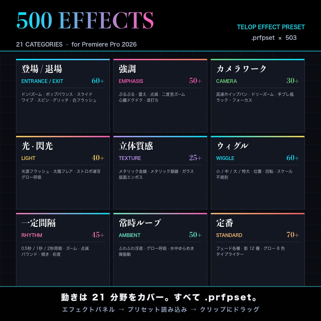 【Premiere Pro 2026】テキストスタイル530種 + テロップエフェクト500種 大容量パック