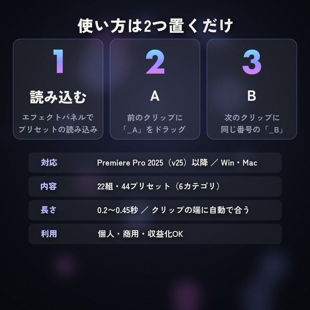 【Premiere Pro】シームレストランジション44|置くだけプリセット(ズーム・ホイップパン・回転・グリッチ)Pr2025以降