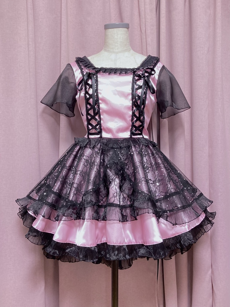 アイドル衣装 ピンク×黒 編み上げリボン オリジナル ハンドメイド 