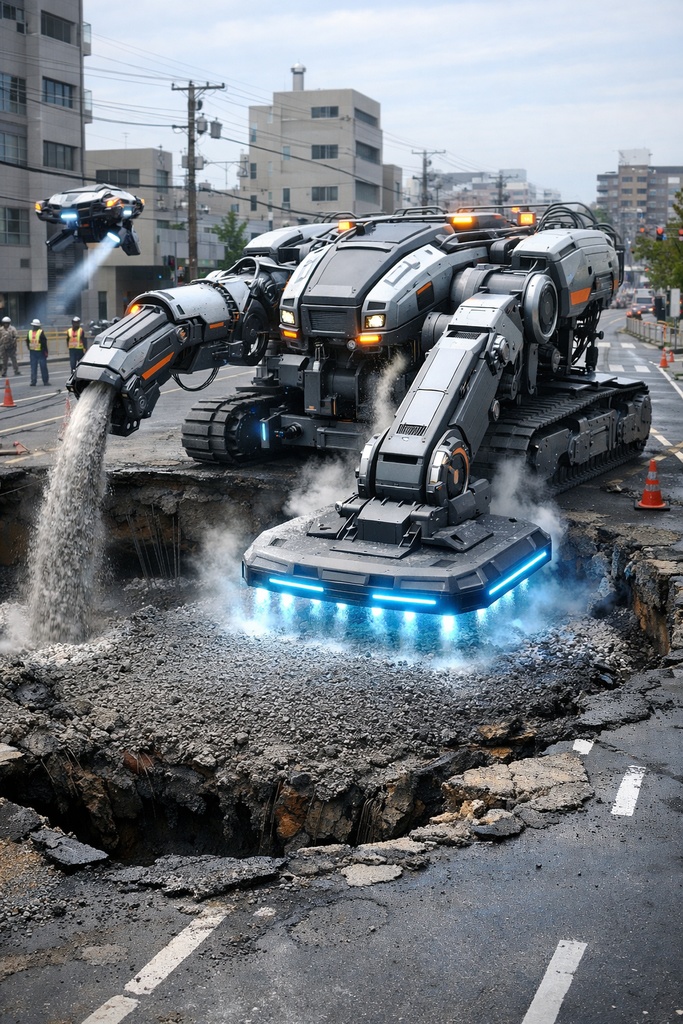 未来の道路陥没修復重機