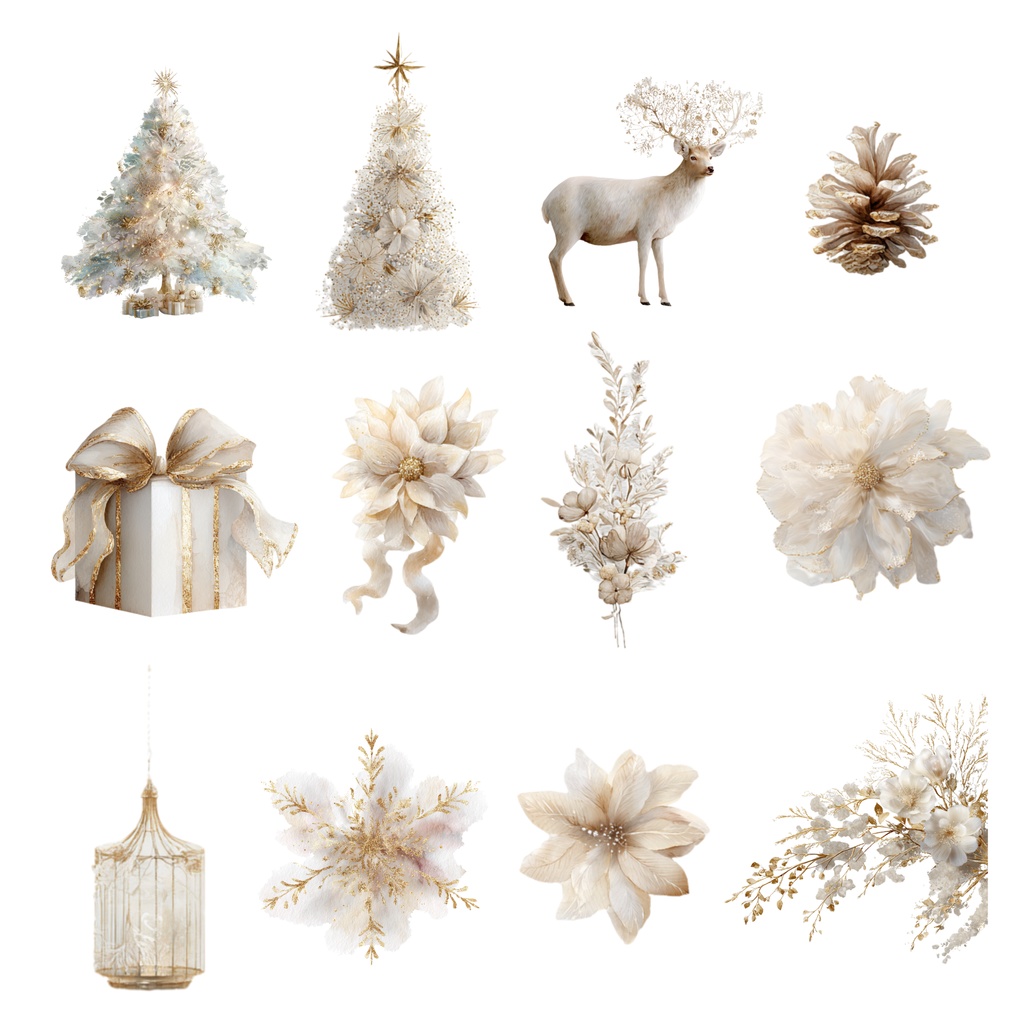 ゴールドのクリスマス素材|水彩・透過PNG・エレガントデザイン