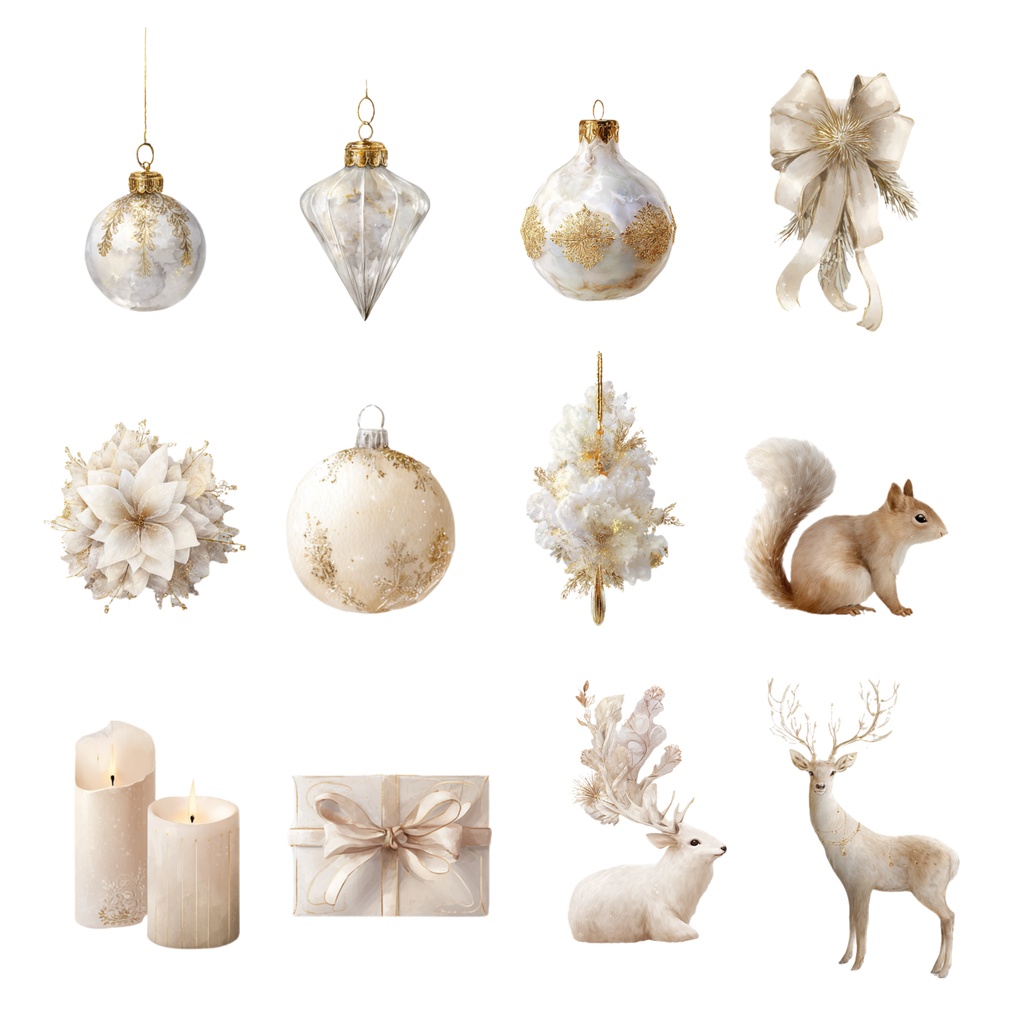 ゴールドのクリスマス素材|水彩・透過PNG・エレガントデザイン