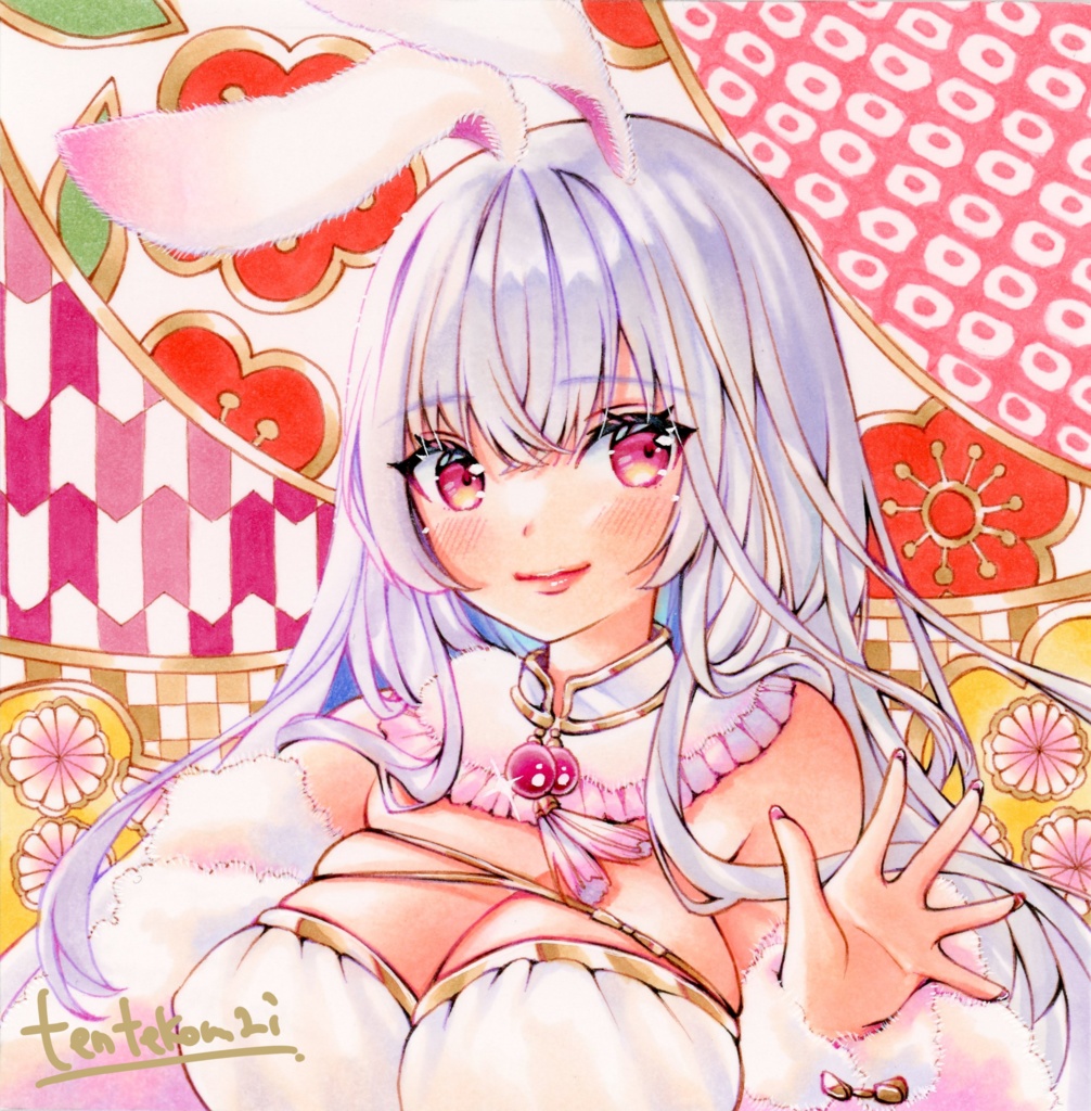 【額装ミニ原画】『卯』原画サイズ90mm×90mm(用紙サイズ100mm×100mm)*コピック創作*オリジナル*同人*アナログ絵