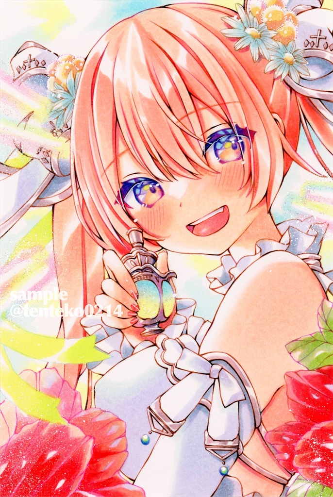 【簡易額装はがきサイズ原画】『perfume』原画サイズ100mm×148mm(額装サイズ133mm×180mm)*コピック創作*オリジナル*アナログ絵