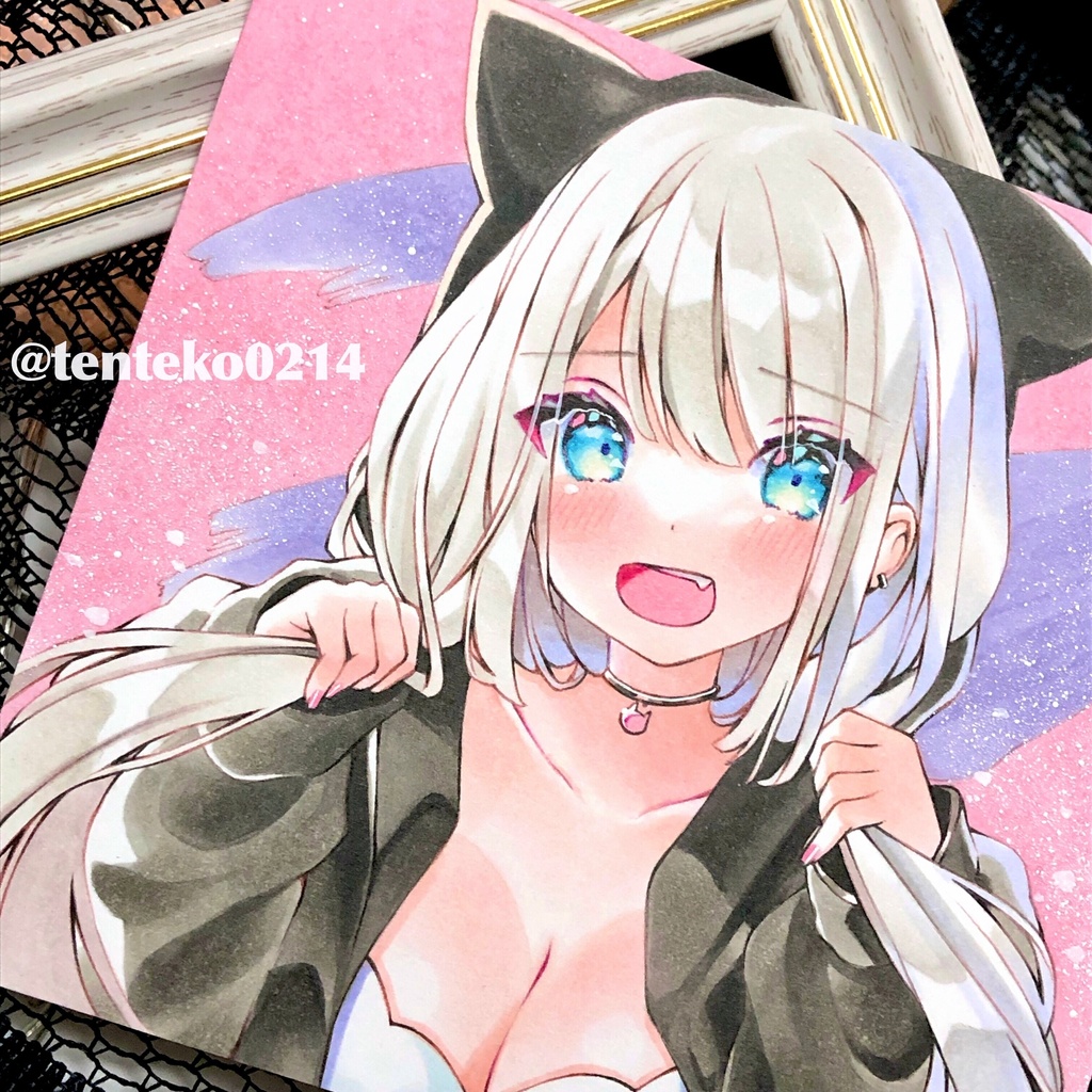 【ミニ原画】『 Nyan』原画サイズ(110mm×102mm) *コピック創作*オリジナル*アナログ絵