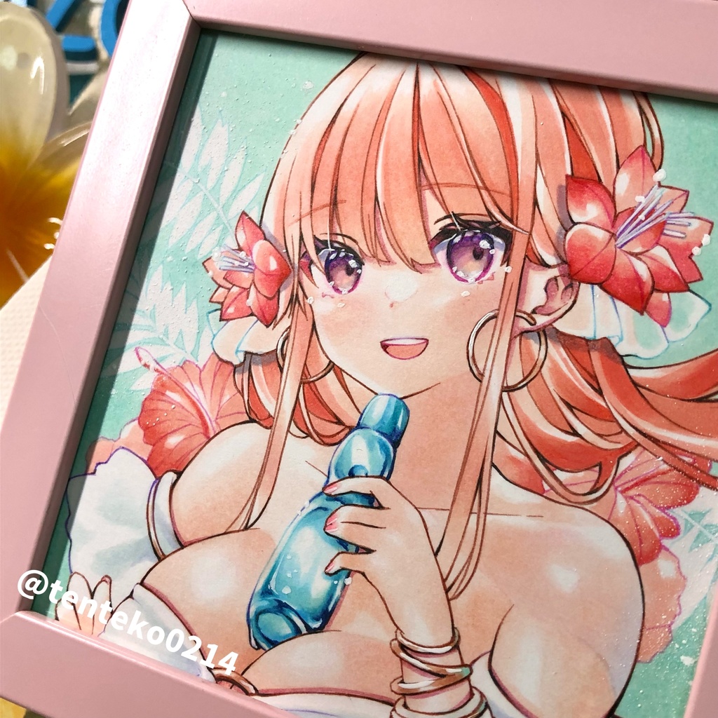 【簡易額装ミニ原画】『summer recollection』 原画サイズ(90mm×90mm) *コピック創作*オリジナル*アナログ絵