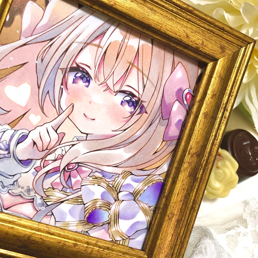 【簡易額装ミニ原画】『Secret Valentine』 原画サイズ(90mm×90mm) *コピック創作*オリジナル*アナログ絵