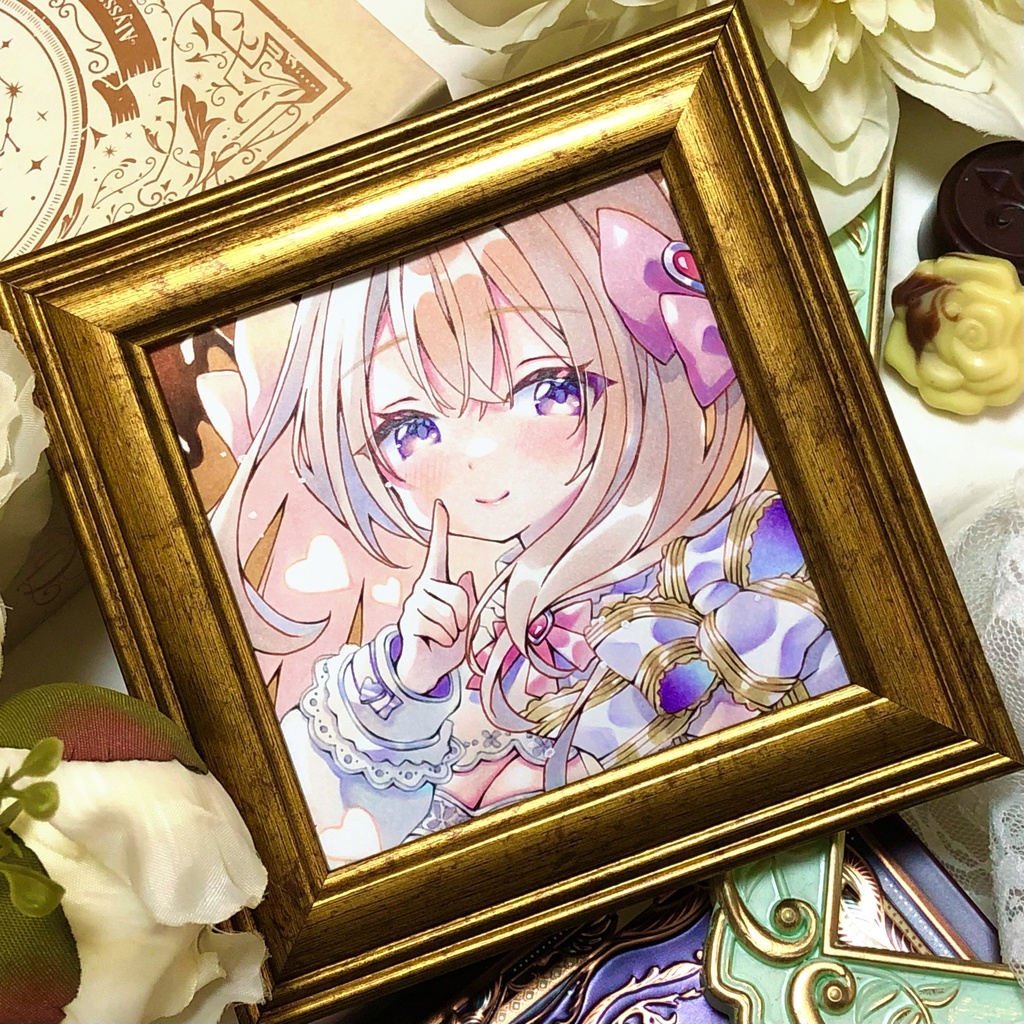 【簡易額装ミニ原画】『Secret Valentine』 原画サイズ(90mm×90mm) *コピック創作*オリジナル*アナログ絵